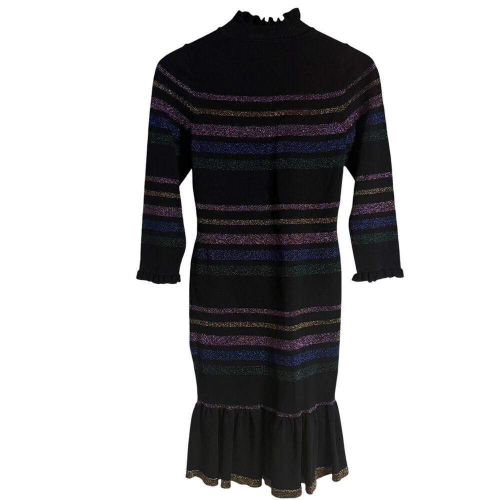 Shoshanna Evette Black Striped Knit Long Sleeve Ruffle Mock Neck Sweater Dress S - Picture 13 of 14
